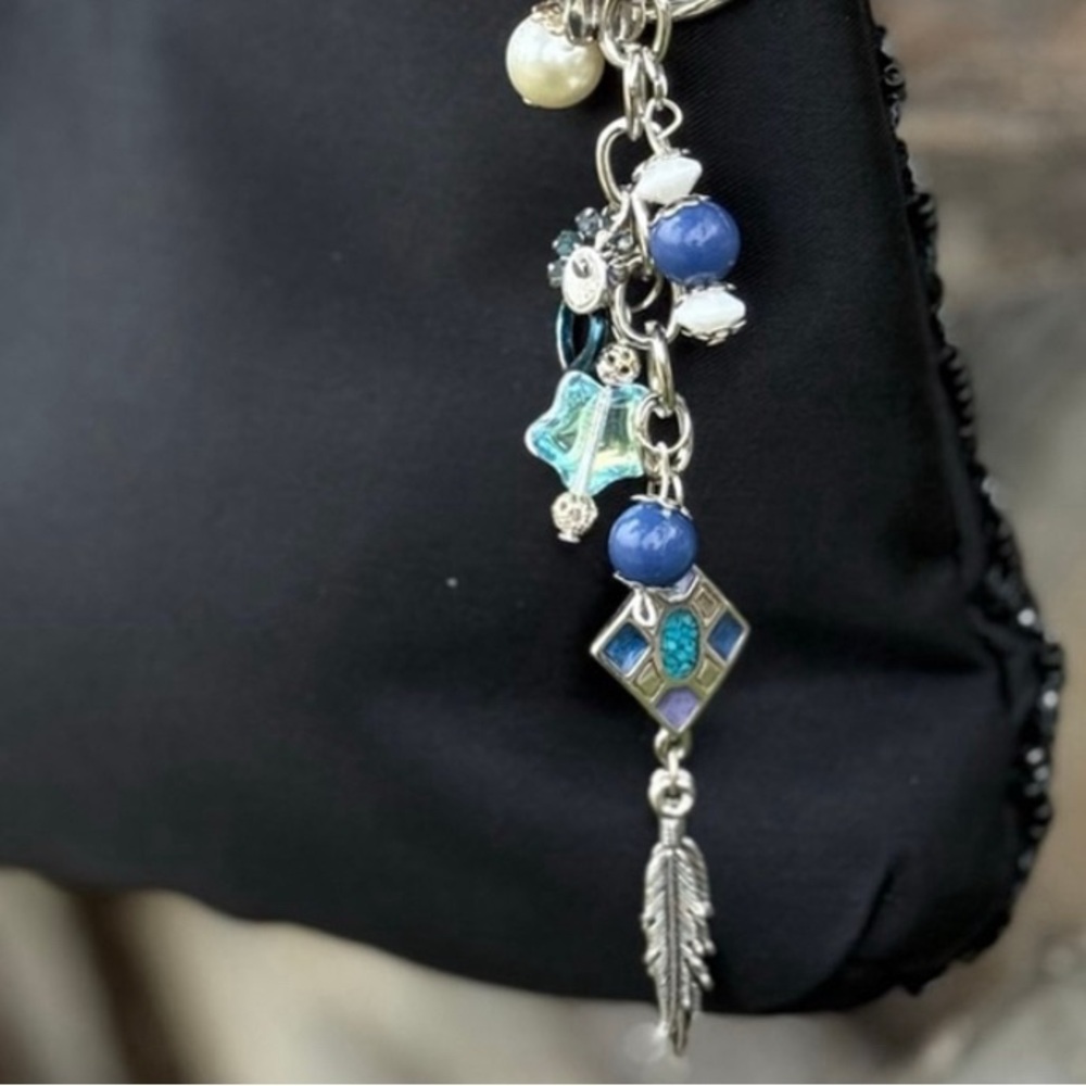 Indigo Feather Bag Charm Handmade Keychain | One of a Kind | Crystal Accessory